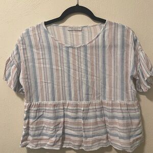 Paper & Crane Blue and Gray Puff Sleeve Peplum Blouse XS